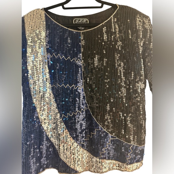 Silk Sequin Black and Blue Women's Top- Medium - Picture 2 of 3